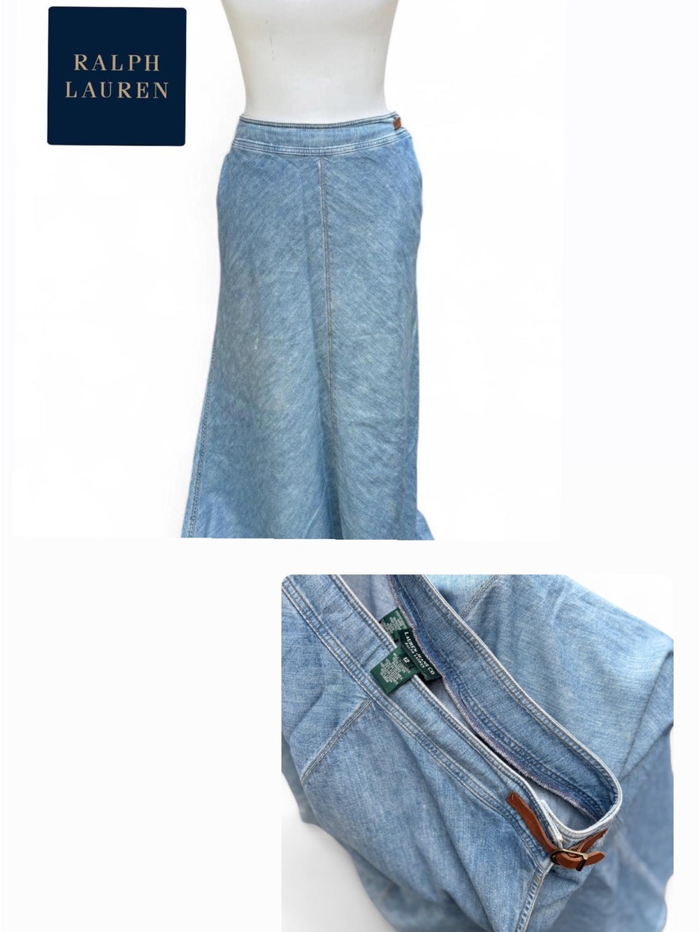 Lauren Ralph Lauren Light Blue Denim Maxi Skirt with Brown Leather Accent